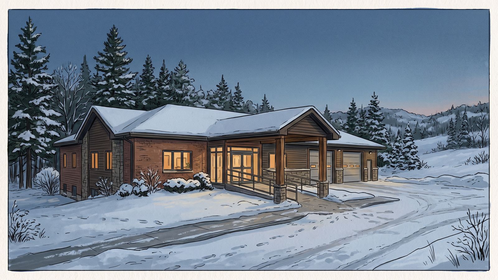 Entrance of a small rural hospital on a quiet winter evening with snow on the ground