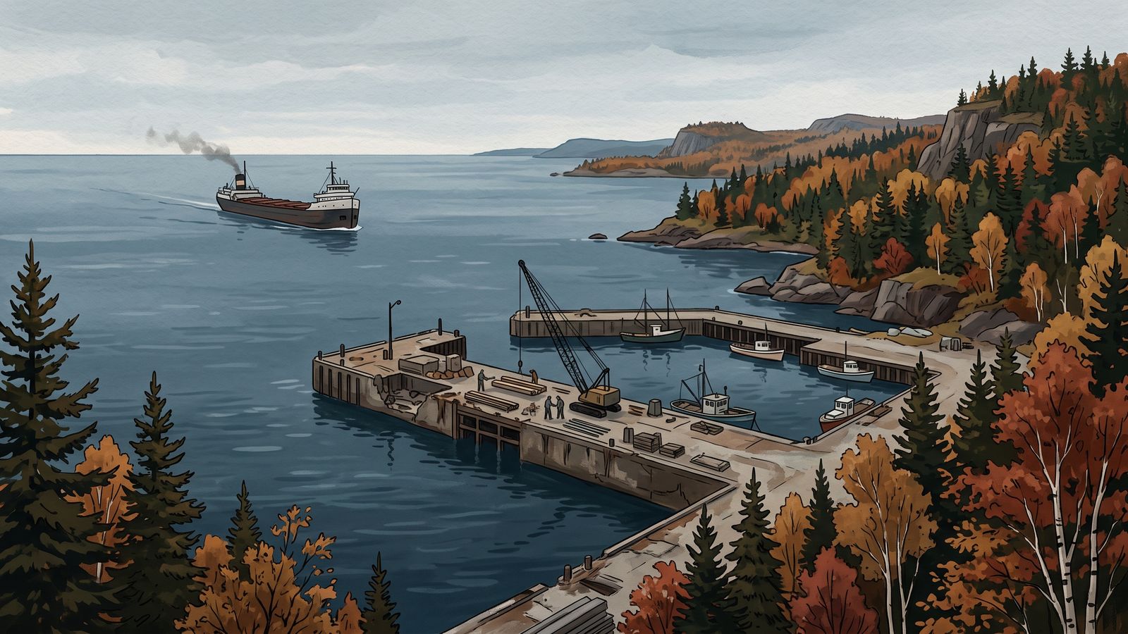 An old concrete wharf on the rocky Lake Superior shore in autumn, with a freighter approaching