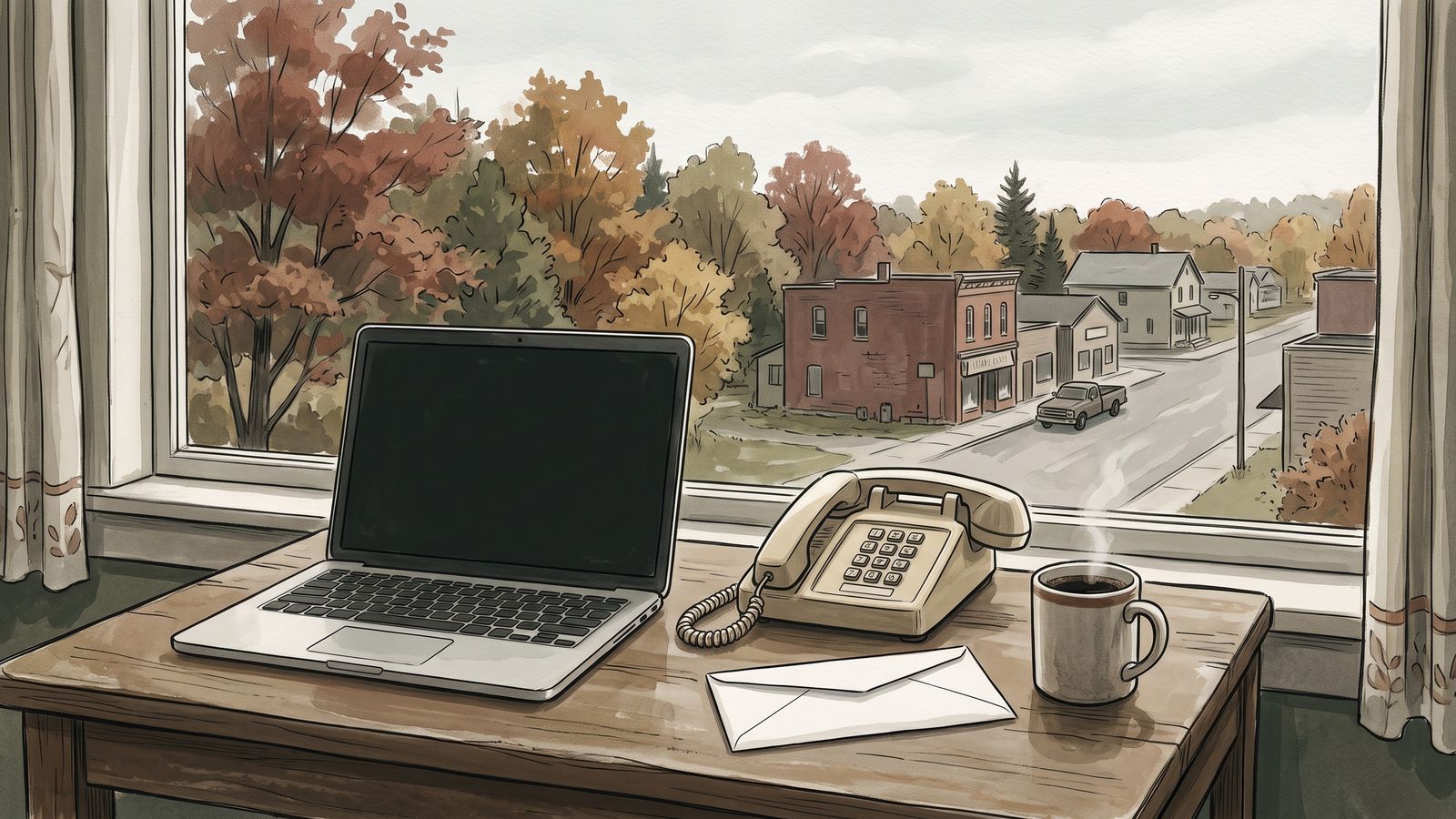 A laptop and a touch-tone telephone on a kitchen table by a window in a small northern town in autumn