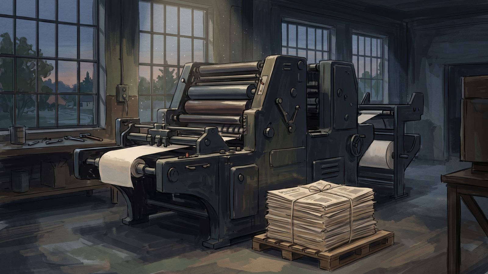 An idle newspaper printing press with a final stack of folded newspapers on a pallet