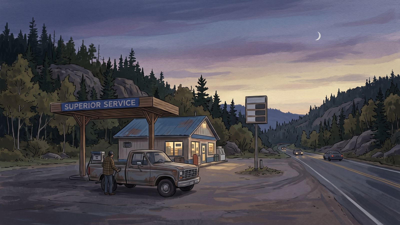 A lone highway gas station at dusk with forested Lake Superior hills behind it